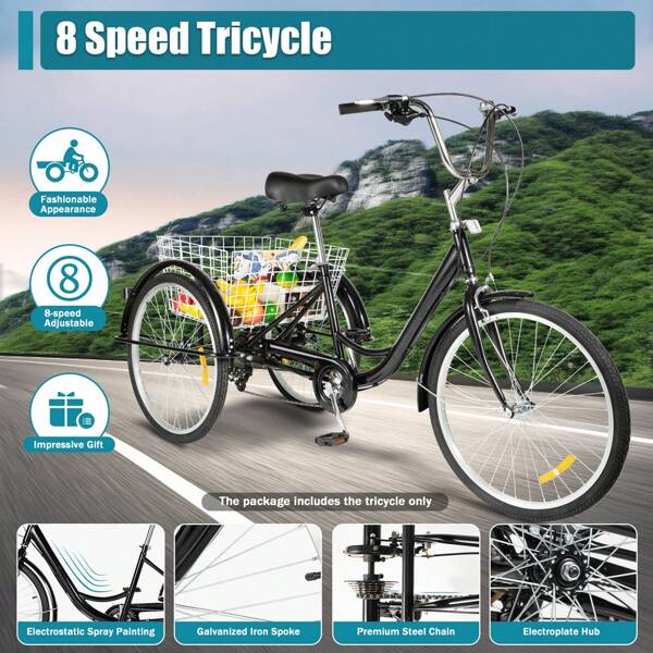 WUPYI Tricycle adulte 24 pouces 8 vitesses, tricycle de courses, cadre en acier avec panier de courses, adapté aux achats de sports de plein air, adapté aux hommes et aux femmes