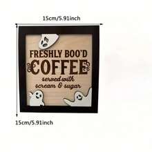 1 件 3D 双层木质咖啡标牌，趣味万圣节主题“Fresh Boo Coffee”，带有怪异的点缀，经典家居装饰风格，节日厨房标牌带支架
