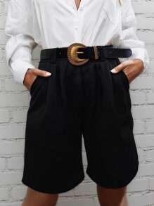 2 piezas de pantalones cortos elegantes de cintura alta y bolsillos de unicolor para mujer, uso casual y de oficina, para el verano
