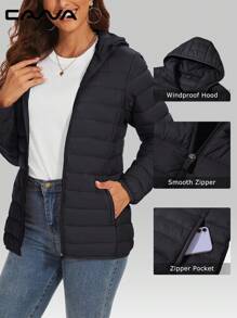 Cavva 女士连帽羽绒服，防风轻便，绗缝内衬，拉链设计，休闲保暖，适合冬季穿着，带4个口袋，适合徒步、露营、工作等场合，抓绒面料。