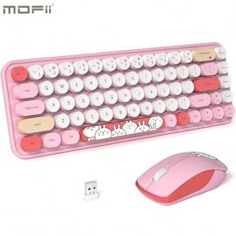  MOFII ergonomische 2,4G kabellose Tastatur-Maus-Kombination mit 68 Tasten, retrorundem Tastenkappendesign, geräuscharmer Knopfmaus, Multimediafunktion, süßes Tastatur-Maus-Set für PC/Laptop/Desktop - Grau