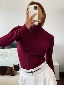 Livesso Jersey de cuello alto acanalado, blusas de manga larga, ropa de mujer de otoño - Burdeos - Ver 3