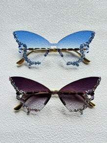 1/2 Paar modische Schmetterlingsform Großer Rahmen Dekorationsbrille, geeignet für Bälle, Modeschauen, Frauenbrille mit Diamanten verziert, Partybrille und Reise