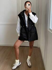 Livesso 女士冬季休闲纯色立领抽绳马甲棉服外套，黑色背心，冬季女装，冬季外套女夹克 - 黑色 - 查看 5