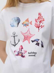 marine life，Ribbed Cotton Women's T-Shirt,College Style Spring Summer New Sports Women's,Draped Soft Breathable Women's Short Sleeve Tight Top - 白色 - 查看 2