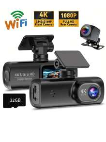 4K Ultra HD Dash Cam, Dual Front And Rear Cameras, Includes 64GB SD Card, Built-In WiFi, 1.47" IPS Screen, Night Vision, 170° Wide Angle, WDR, 24-Hour Parking Monitoring, Mobile App Control, Adhesive Backing, Suitable For All Vehicles, Car Safety Camera | Modern Auto Accessories | Supports WiFi, Car Dash Cam