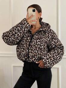 Livesso Leopard Print Loose Hooded Long Sleeve Zipper Women's Padded Coat Jacket ,Winter Women Clothes,Winter Coat Women