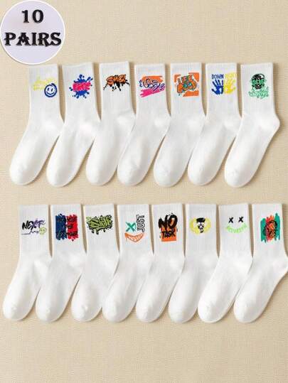 10 pares de calcetines casuales/deportivos de media caña con patrones creativos aleatorios y unisex, adecuados para todas las estaciones