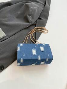 复古时尚豹纹迷你方形包，带翻盖开口，金属双链单肩包，可调节为斜挎包，适合女性日常和学生休闲使用 - 藍色 - 查看 8