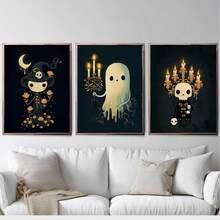 3 piezas Impresión en lienzo de estilo Dark Academia con fantasma a la luz de las velas y esqueleto, pósteres espeluznantes pero lindos de Halloween para decoración de la sala de estudio o juegos, con opción de marco - Multicolor - Ver 2