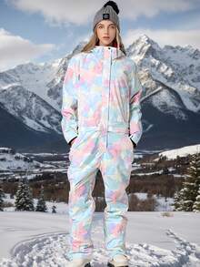 女款塗鴉風連身滑雪服，附拉鍊口袋與可拆式連帽，適合雪上運動，冬季戶外女款滑雪服，密封拉鍊防遺失設計，附拉鍊口袋滑雪服套裝，冬季運動滑雪服，適合戶外活動運動穿著，冬季滑雪裝備，強化結構，功能性滑雪裝備，雪上裝備，女款滑雪服套裝 - 彩色 - 查看 8