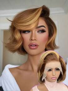 200 Density 4/27 Ombre Honey Blonde Highlight Short Straight Bob Wig 13x4 Straight Transparent Lace Front Wig Human Hair 220% Density Brazilian Virgin Bob Wigs Human Hair Natural Hairline 12inch