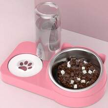 1 Piece Detachable And Washable Tilted Pet Bowl With Bear Ear Design, Anti-Spill And Anti-Moisture, Large Capacity Double Bowl With Automatic Water Dispenser, Stainless Steel - Multicolor - View 4