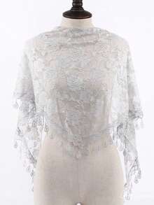 1件装女士纯色镂空蕾丝玫瑰花卉印花流苏围巾，时尚百搭三角披肩，透气防晒头巾，可搭配连衣裙