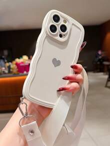 心形贴纸和波浪边框纯色手机壳带挂绳 心形贴纸和波浪边框纯色手机壳带挂绳 防水防震防摔防刮 - 白色 - 查看 3