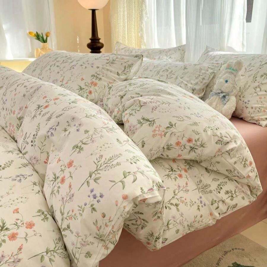 Nayoroom White Floral Duvet Cover Queen Size Green Botanical Leaf Yellow Flowers Printed Reversible Striped Bedding Set 3 Pieces Soft Microfiber Garden Style Comforter Cover With Zipper Ties - Hoa Xanh Fy - Xem 1