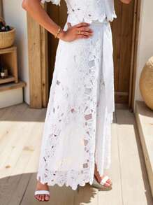 (1piece)Women's Solid-Color Sexy Cut Out Large-Flower Embroidered Lace Up Wide-Leg Pants,Casual Long Pants, No Top,Gothic Style