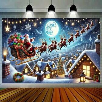 2D Flat Santa Claus Sleigh Polyester Backdrop Banner, Multi-Purpose Holiday Party, Yard, Studio, Home And Garden Celebration Decoration, Photo Studio Background, For Outdoor Events