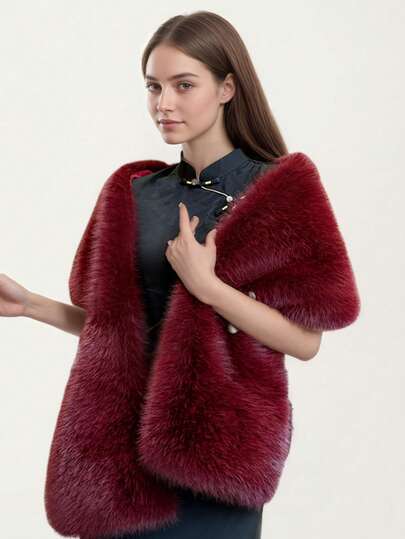 1pc Handmade Premium Solid Color Polyester Faux Rabbit Fur Long Shawl, Fashion Versatile Minimalist Women Shawl/Capelet Suitable For Evening Gown, Bridal Wedding, Gala, Celebration, Daily Wear