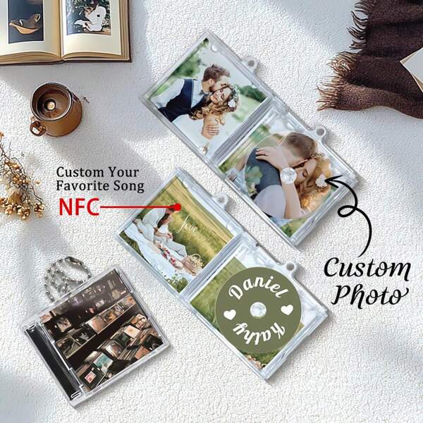 Customized NFC Mini Album CD Keychain, Personalized Photo Music Gift, Play Your Favorite Song, Vintage Style Gift, Bride Groom Decoration Gift