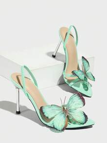 女士高跟凉鞋,时尚高端精致尖头凉鞋,带有 3D 彩虹蝴蝶装饰,舒适的纯色面料,性感裸色系带,适合户外、派对、T 台,优雅简约独特迷人奢华性感绿色高跟凉鞋, - 碧綠色 - 查看 8