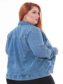 Plus Size Denim Jacket With Frayed Edges - Medium Wash - View 2