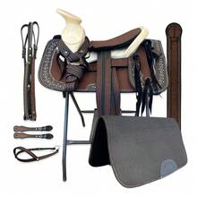 Montura Silla Charra para Caballo Resistente a la Humedad, Ligera, de Fácil Mantenimiento, Cantinas Desmontables- Equipada con Cincho,Carona Sencilla, Pecho pretal, Cabezada y Correas para Espuelas- Montura de Trabajo - Cafe-Fuste Natural - Ver 1