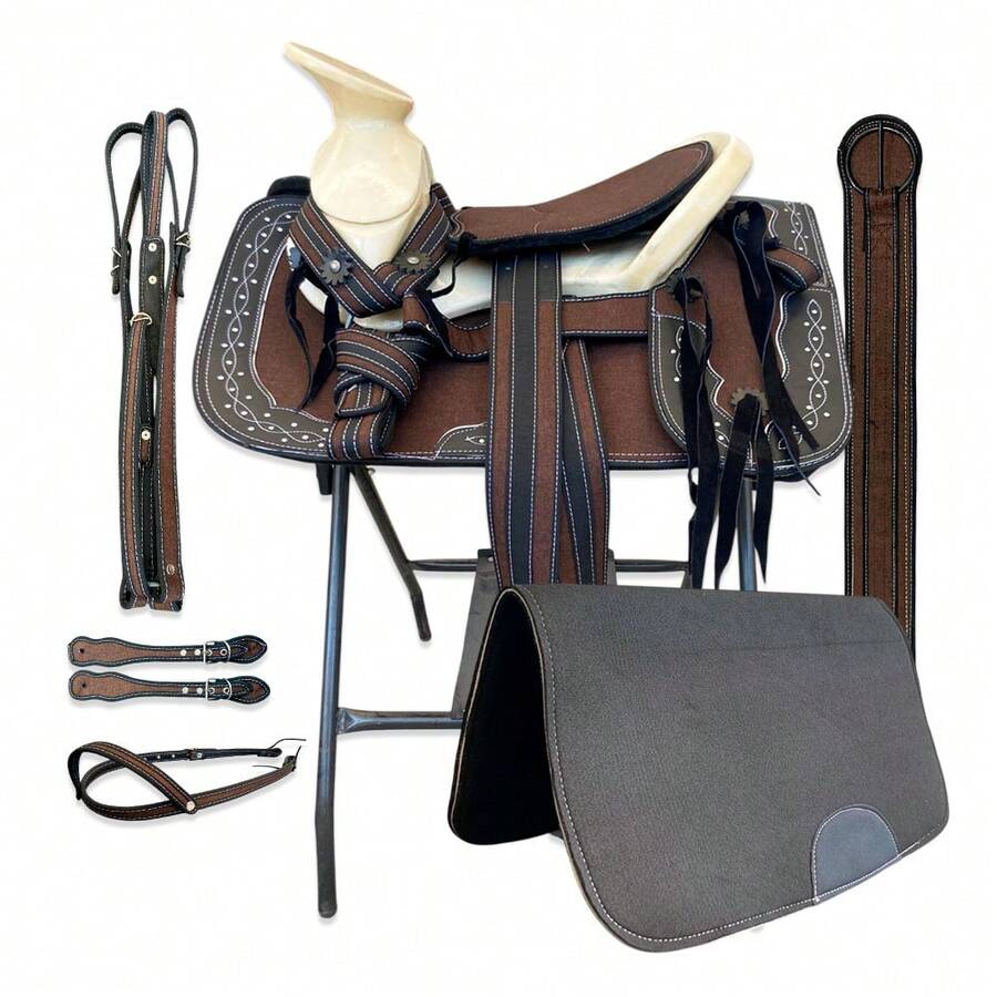 Montura Silla Charra para Caballo Resistente a la Humedad, Ligera, de Fácil Mantenimiento, Cantinas Desmontables- Equipada con Cincho,Carona Sencilla, Pecho pretal, Cabezada y Correas para Espuelas- Montura de Trabajo - Cafe-Fuste Natural - Ver 1