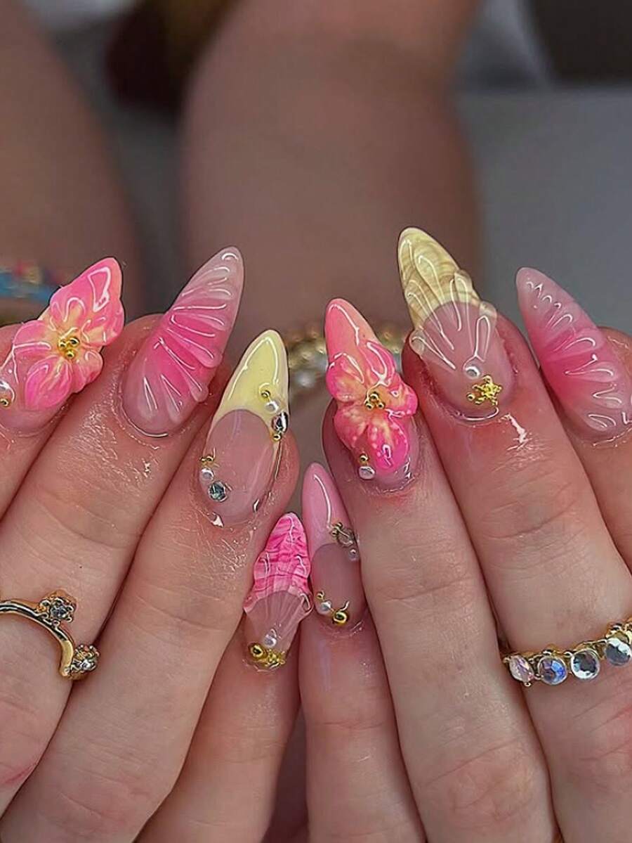 24Pcs/Set French Almond-Shape Elegant Ombre Pink-Yellow Gradient 3D Ocean Style Starfish And Water Drop Flower Press-On Artificial Nails Include 1Pc Jelly Gel And 1Pc Nail File, Add A Romantic Touch For A Sweet Everyday Or Date Look Nail Supplies Nails - Multicolor - View 1