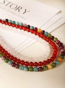 1 pièce Collier de mode bohème en pierre naturelle de 8 mm pour femmes. Collier de perles colorées en tourmaline et cristal rose pour femmes