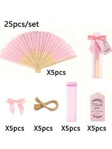 5/25/50/100 件/套（套装包括带蝴蝶结的木制折扇、礼品袋和感谢卡套装。例如：5 件/套包含一把手扇、一个蝴蝶结、一个礼品袋、一张感谢卡和一根绳子。） - 彩色 - 查看 9
