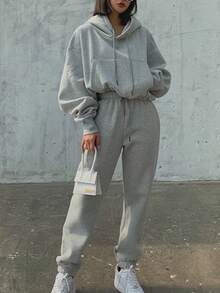 Damen Herbst Winter Hoodies Anzug Solid Lässig Warm Fleece 2 Stücke Set Trainingsanzug Pullover Jogginghose