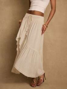 Ladies Summer Linen Loose Elastic Waist Ruffle Hem Asymmetrical Hem Skirt, Casual Boho Western Style, Suitable For Music Festivals, Concerts, Parties, Young Girls Daily, Beach Vacation - Apricot - View 8