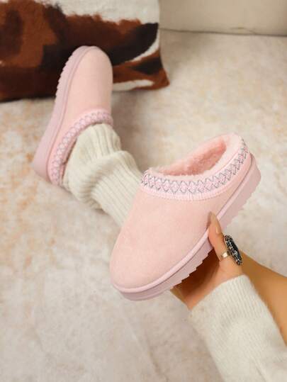 Fall/Winter Women Plus Size Slip-On Knitted Collar Snow Boots, Warm And Slouchy Indoor/Outdoor Plush Footwear,Fur Boots