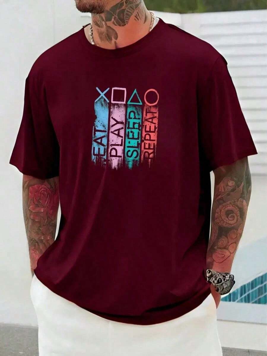 Camiseta Masculina Gamer Eat Play Sleep 100% Algodão Estampado - bordô - Visão 1