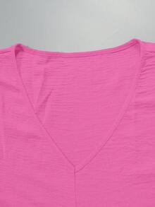 女式大码休闲宽松V领纯色长连衣裙 - 玫紅色 - 查看 4