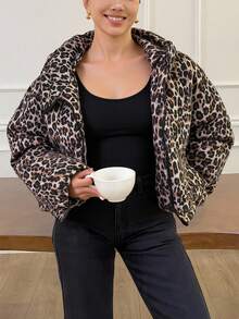 Livesso Leopard Print Loose Hooded Long Sleeve Zipper Women's Padded Coat Jacket ,Winter Women Clothes,Winter Coat Women