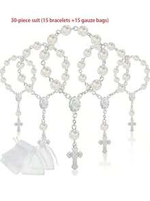 30条（含网袋）金色心形十字架念珠手链，初领圣体派对用品 - 銀色 - 查看 8