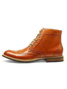 Men's Ankle Boot, Faux Leather, Cap Toe, Lace-Up, Zipper Closure, 1" Heel, Synthetic Sole, Business, Water Resistant - Brown - View 6