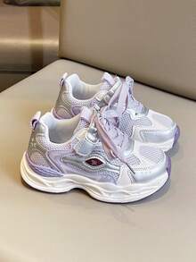 女童运动鞋，新款儿童皮革和网眼拼接休闲鞋，中大童女孩跑步运动鞋 - 紫色 - 查看 7