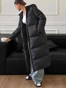 Livesso 女士宽松长款连帽羽绒服，长袖，冬季女装，女士冬装外套 - 黑色 - 查看 2