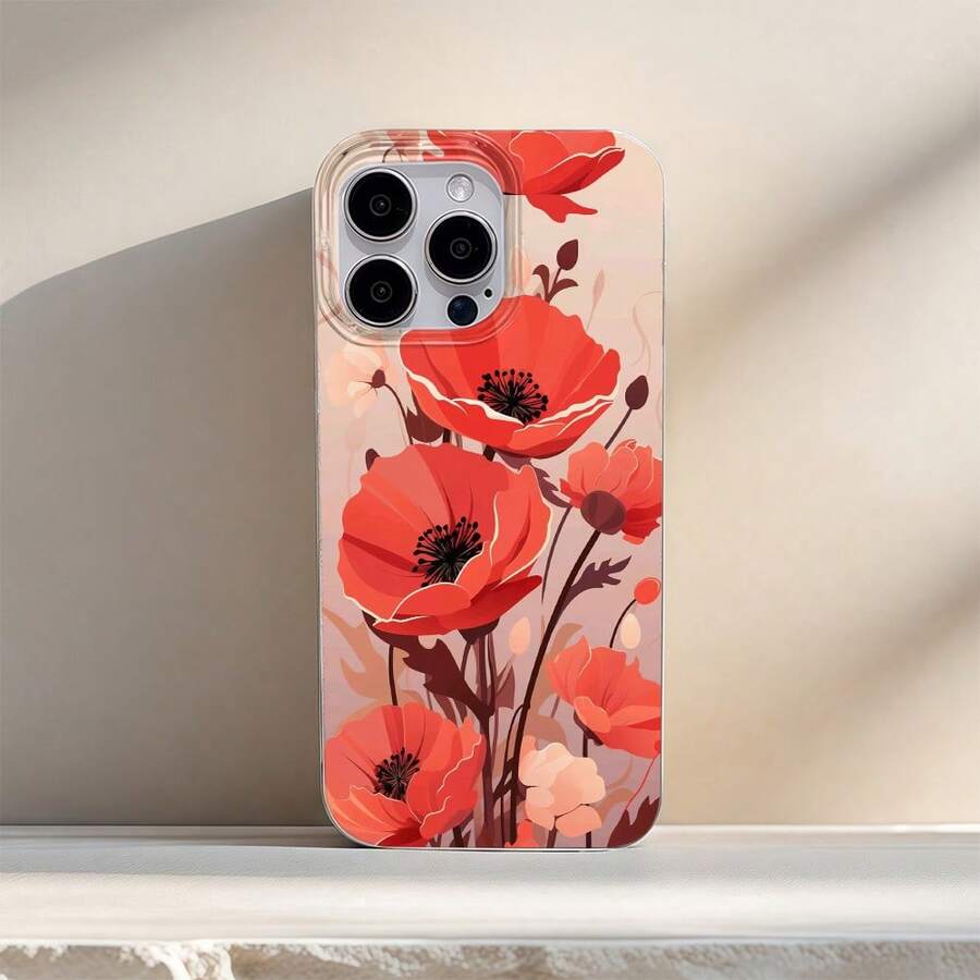 Poppy Pattern Mobile Phone Case, Decorated With Floral Design And Soft Hues, Suitable For IPhone 16, 15, 14, 13, 12, 11 Pro Plus Promax Models, TPU Material, Shockproof Protection. It Is A Great Gift For Family, Friends, Children, Birthdays, Spring Festival, Holidays, Boyfriends, Girlfriends And Valentine's Day. - 銀色 - 查看 1