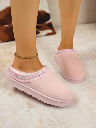 Höst/vinter Dam Plus Size Slip-On Stickad Krage Snökängor, Varma Och Lösa Inomhus-/Utomhusplyschskor, Pälsstövlar