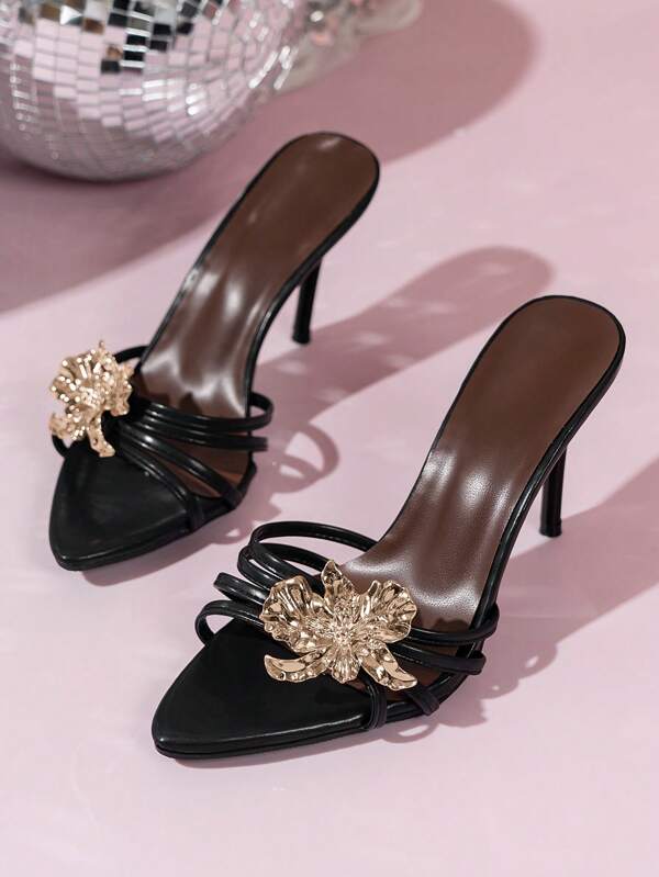 Sandales à talons stilettos ouverts à motif floral doré 2025 printemps/été pour femmes, décorées de cristaux, sexy et élégantes