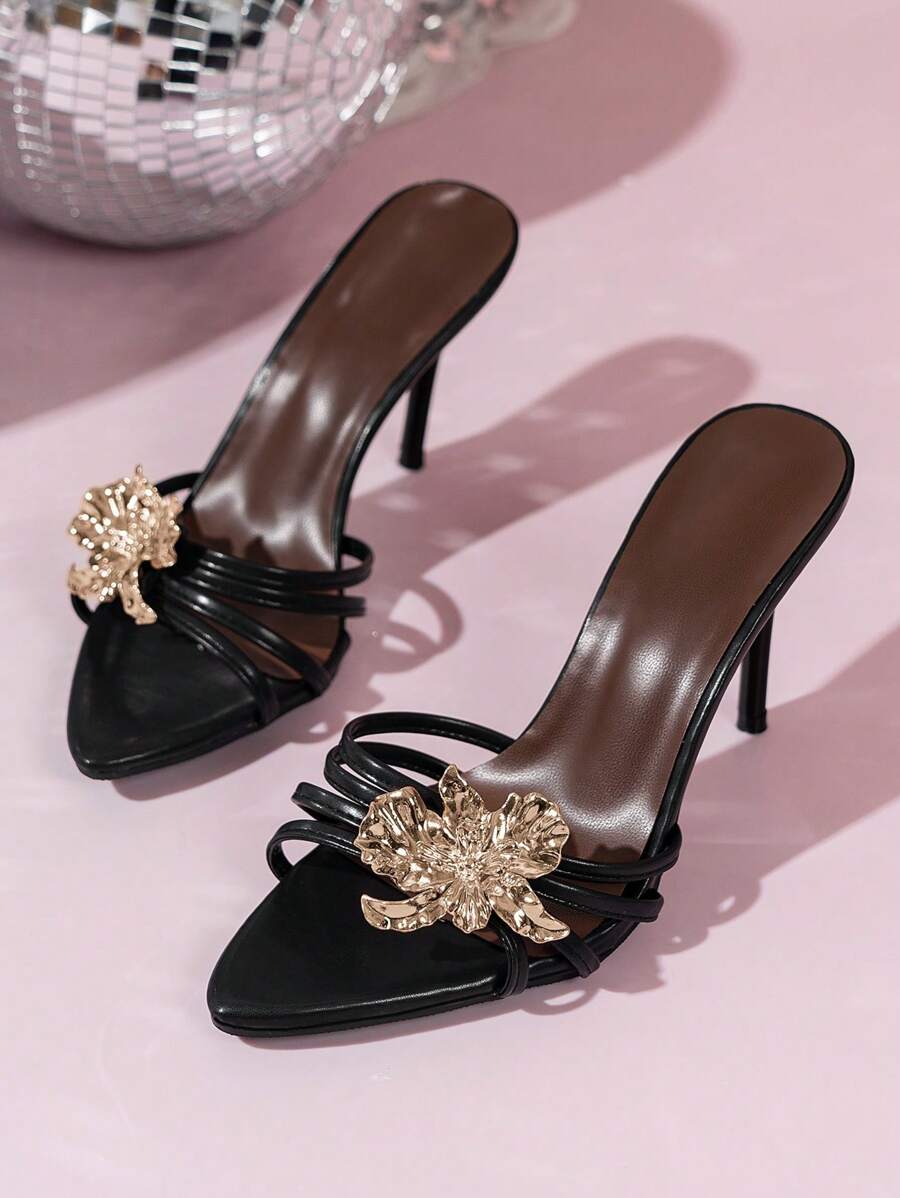 Sandales à talons stilettos ouverts à motif floral doré 2025 printemps/été pour femmes, décorées de cristaux, sexy et élégantes