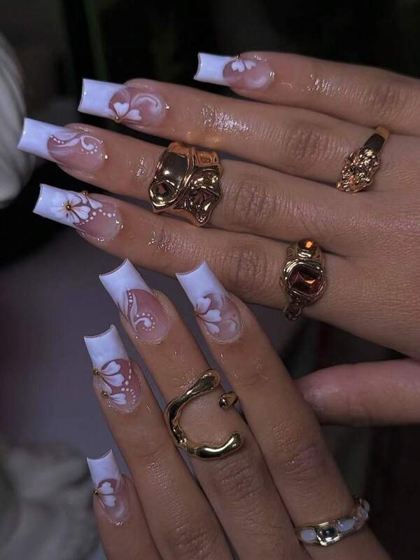 Upgrade Your Look,24Pcs Mid Removable Full Coverage Glossy False Nails,Simple White French Gradient Floral Gold Bead Decorative Designs Nail Art,Elegant And Gorgeous Fashion Style Press On Nails Nail Supplies Nails