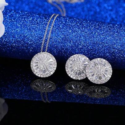 SEQUITO 3 Pcs High Quality Brides Jewelry Pave Setting AAAAA Cubic Zirconia Silver Plated Round Pendant Chain Necklace Stud Earrings Wedding Party Clothes Accessories