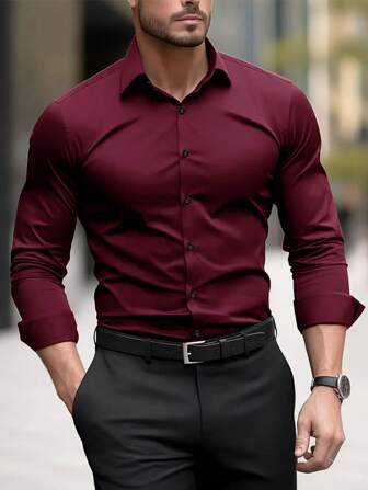 Men's Classic & Minimalist Office Style Long Sleeve Shirt, Versatile & Elegant For Work & Casual, Fall