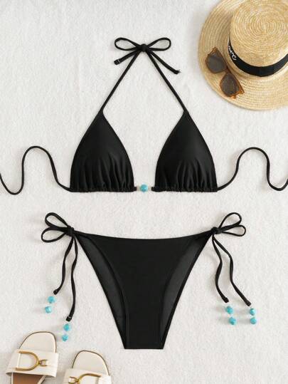 Nuevo bikini de 2 piezas de verano con Bottom de tirantes finos, espalda descubierta, color marrón, con lazos laterales y decoración de cuentas azules para mujeres