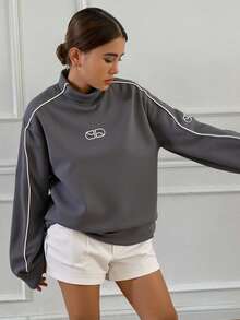 Livesso 字母图案撞色滚边立领落肩卫衣，长袖上衣 - 霧霾藍 - 查看 6